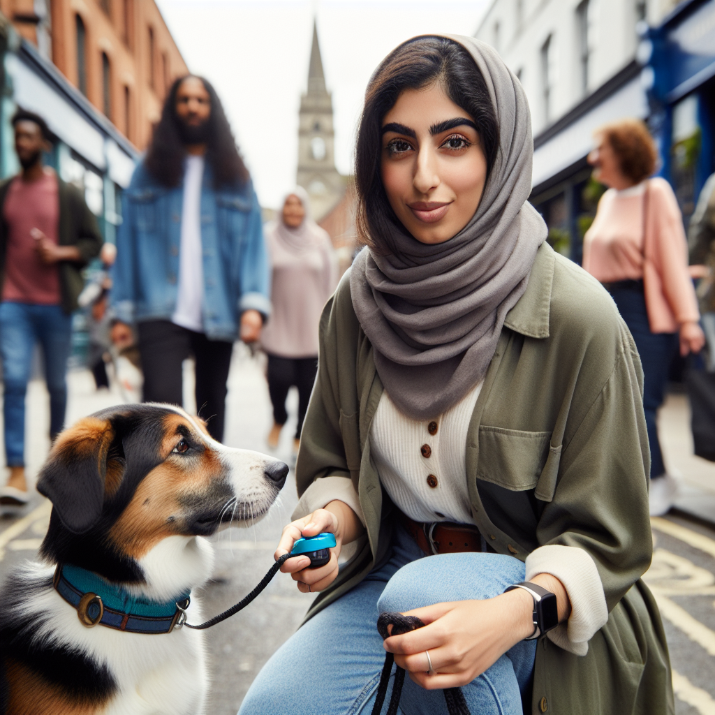 Smart trainer marking eye contact with a dog outside a busy UK cafe