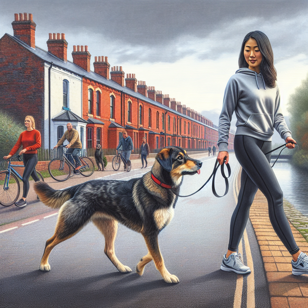 Trainer guiding a mixed-breed dog in a focused heel on a Preston riverside path with red-brick houses nearby