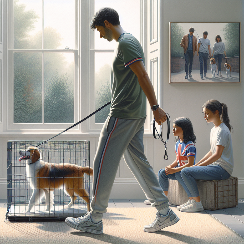 Trainer coaching a dog to enter a crate calmly on a loose lead in a UK home