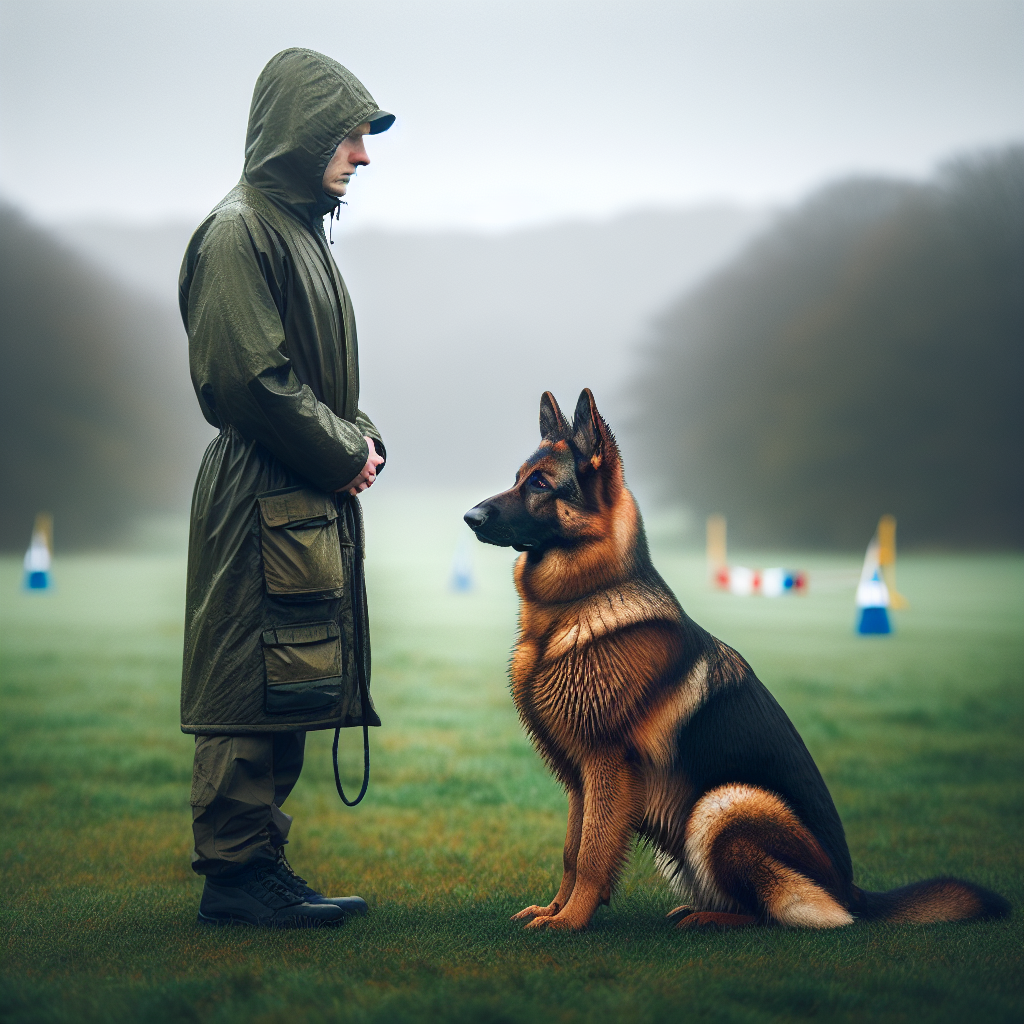 German Shepherd in a straight IGP front presentation sitting close in front of a UK trainer on a grass field