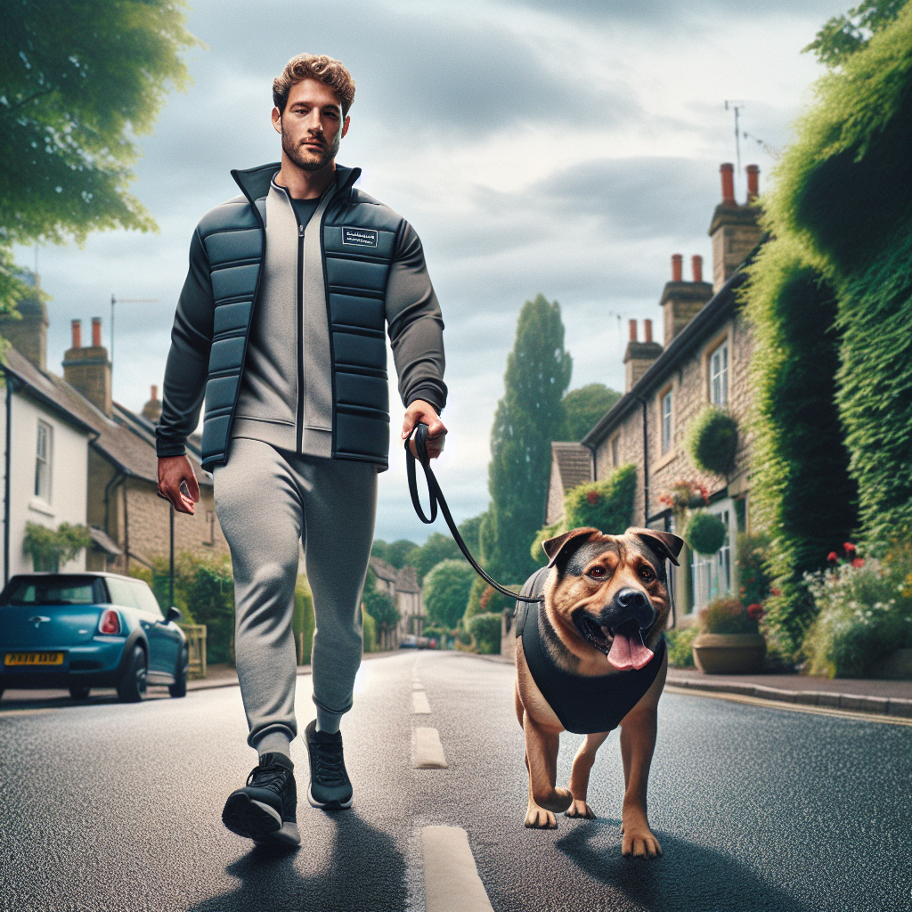 Trainer coaching a mixed breed dog on a quiet Pudsey street, practising loose lead walking and focus