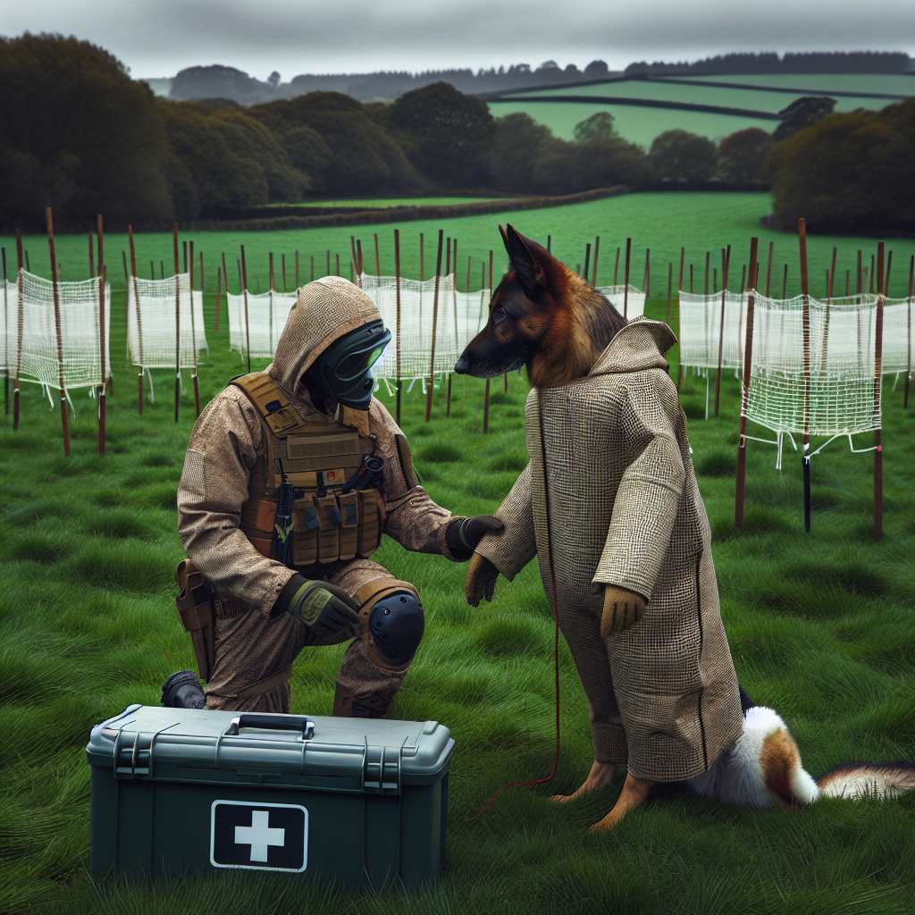 IGP helper in safety gear presenting a bite sleeve to a focused German Shepherd on a UK training field