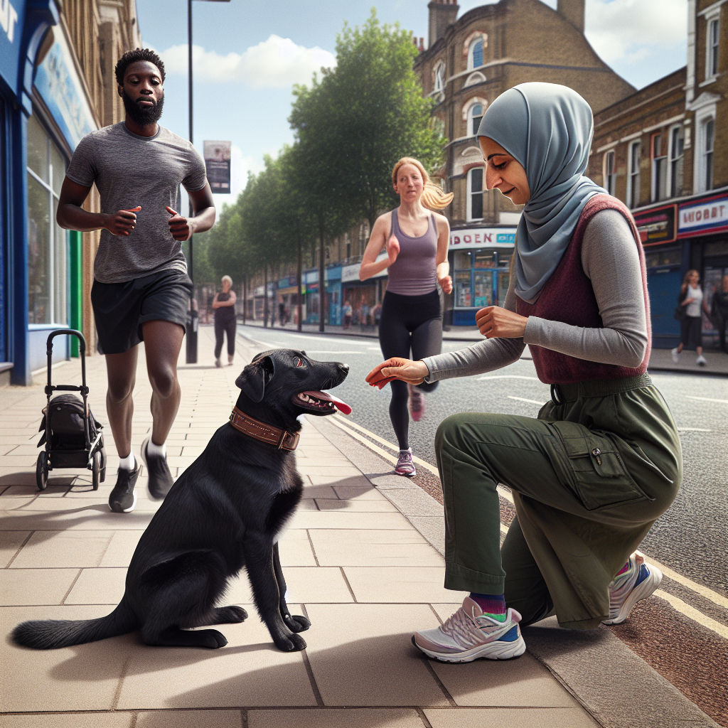 UK trainer rewarding a calm dog on a pavement as a jogger and pram pass by