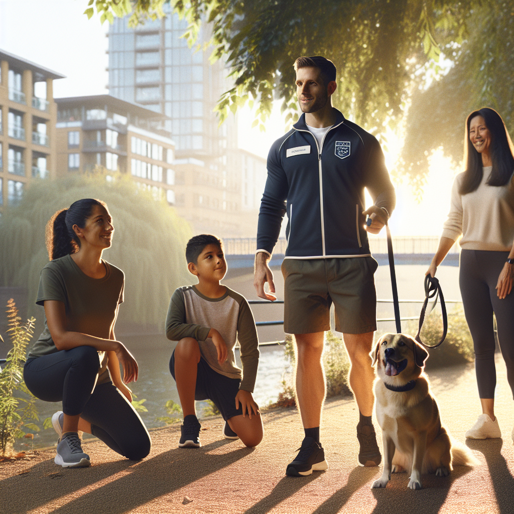 Trainer guiding a family and their dog on loose lead walking along a leafy riverside path in Reading