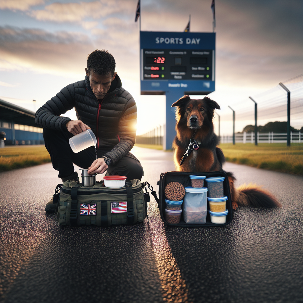 Trainer preparing a working dog’s water and food before an IGP trial outside a sports field at dawn