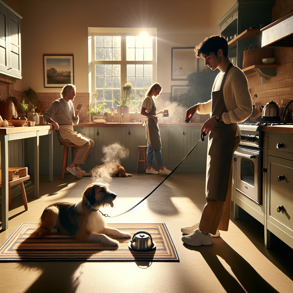Dog relaxing on a mat during a morning settle routine with a trainer in a UK kitchen
