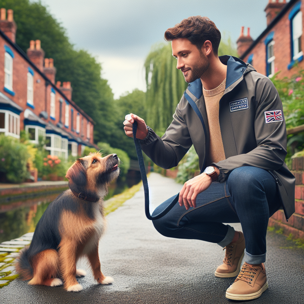 Trainer practising heel and sit with a mixed-breed dog on a quiet Wednesbury street