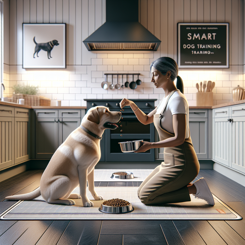 Trainer holding a food bowl while a calm Labrador waits on a mat in a UK kitchen