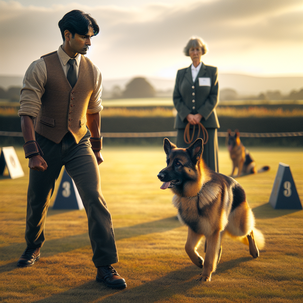 IGP handler practising cue discipline in heelwork with a German Shepherd on a UK field