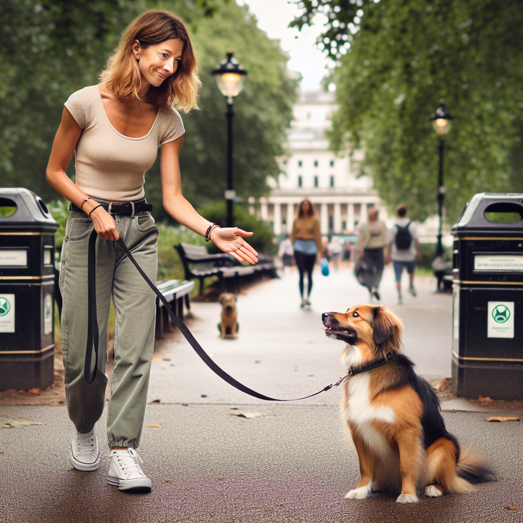 Trainer rewards a dog for calm focus while walking past a scent-heavy bin area in a UK park
