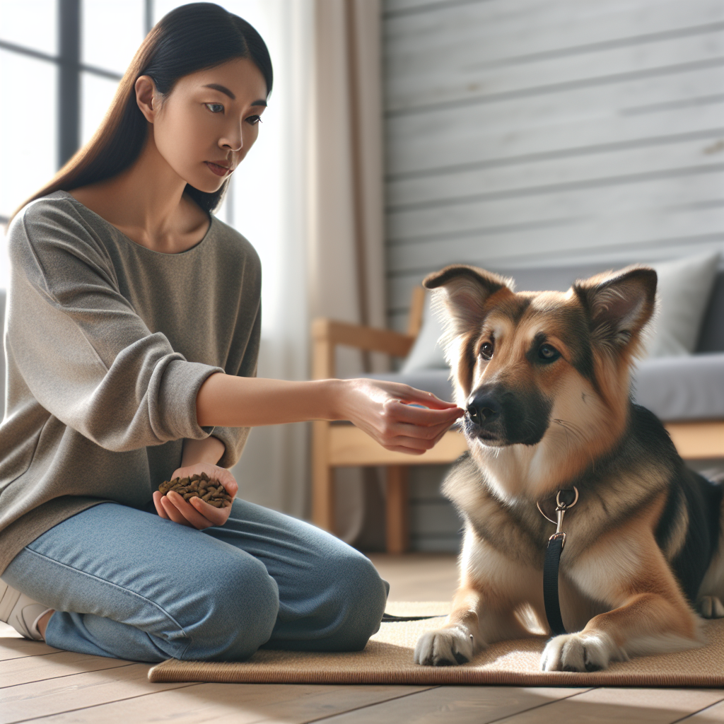 UK trainer calmly rewarding a shepherd mix on a mat during a short in-home training session