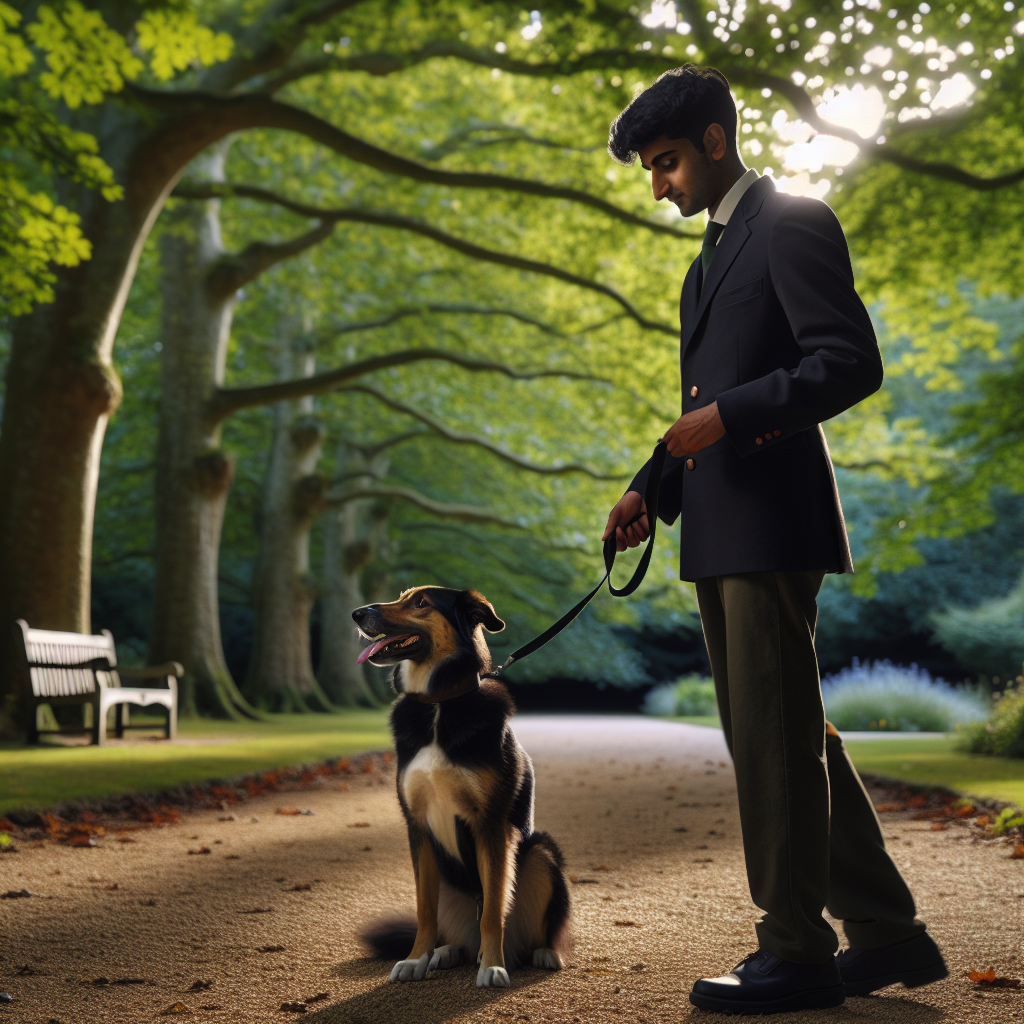 Smart trainer practising loose lead walking and recall with a mixed breed dog in a leafy Horsham park