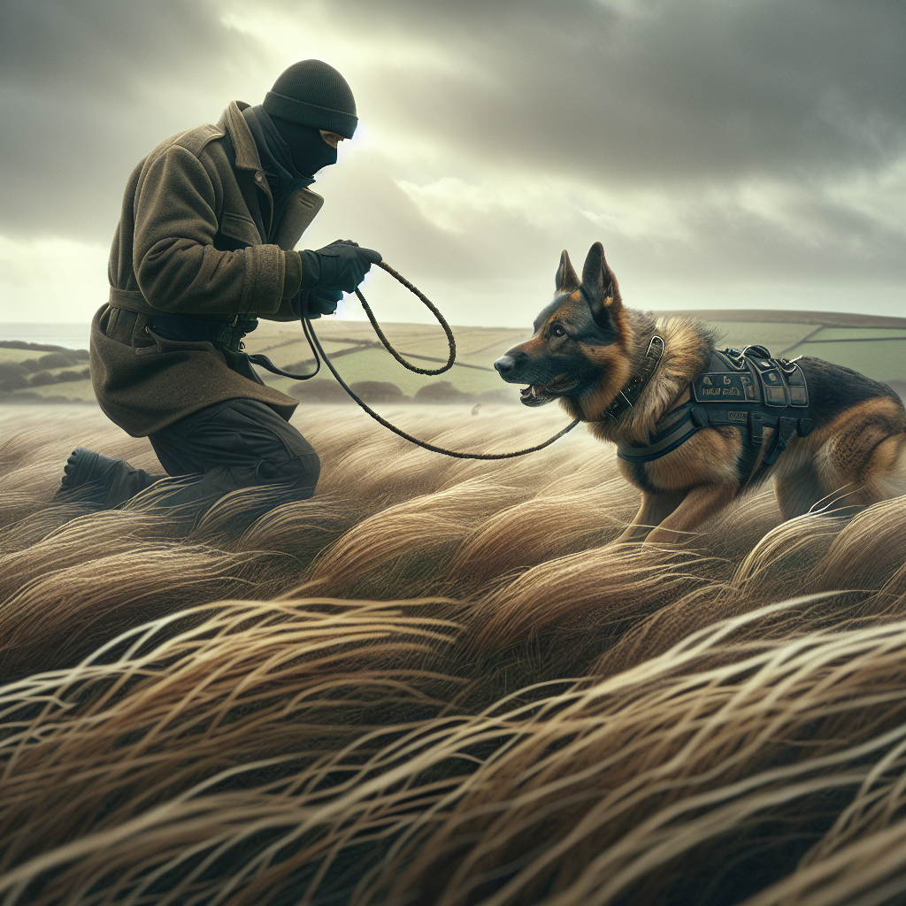 Dog and trainer practising tracking under high wind in a UK field with precise line handling