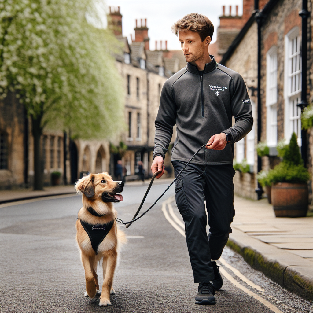 Trainer practising loose lead walking with a mixed-breed dog on a historic street in York