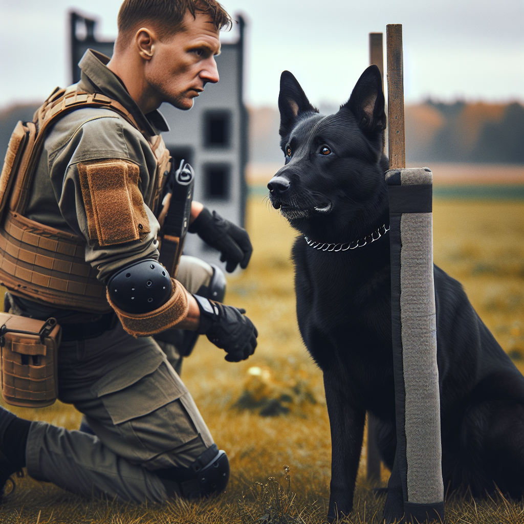 Trainer and working dog practising IGP protection with calm guarding after the out on a UK field