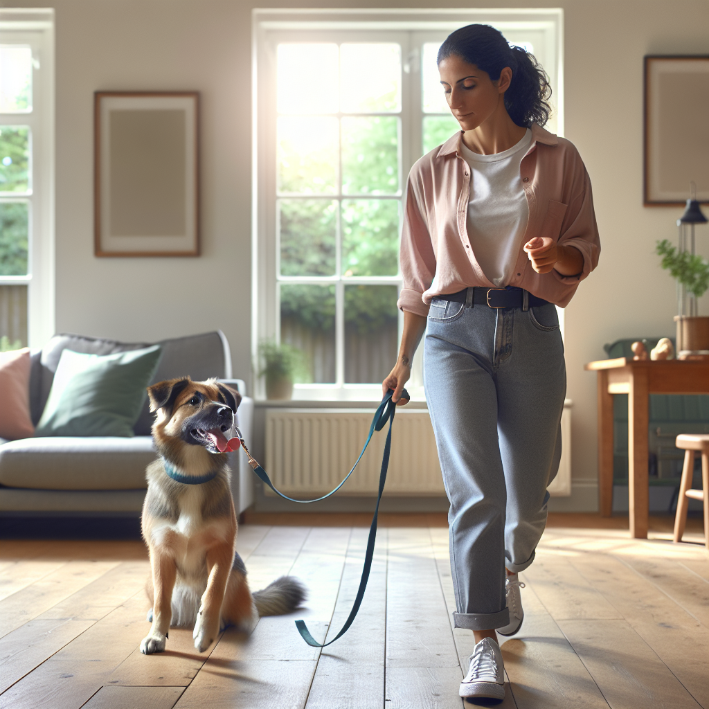 Trainer guiding a mixed breed dog on a loose leash indoors with calm focus in a UK living room