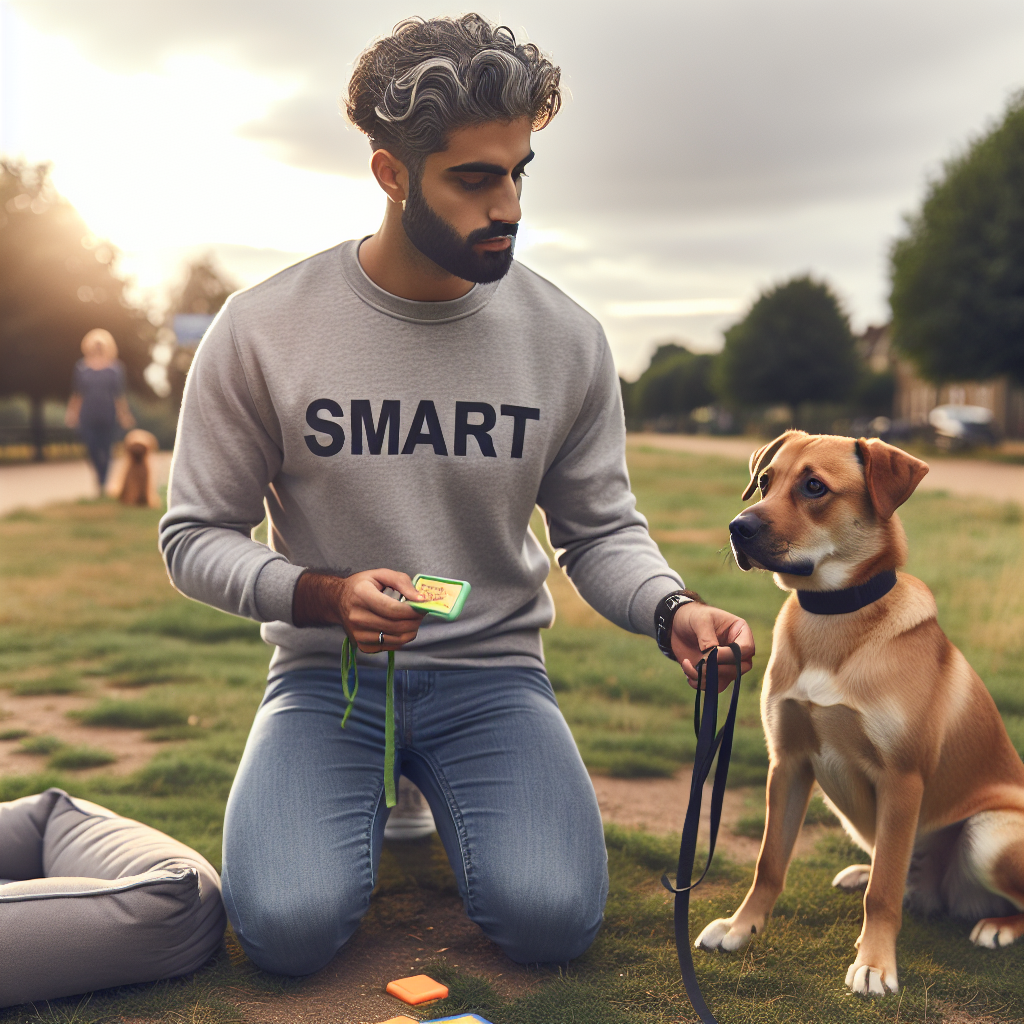 Smart trainer running a structured outdoor session with a teenage dog practicing loose lead and place in a UK park
