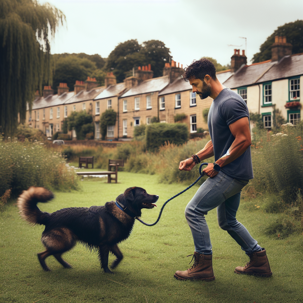 Trainer practising loose-lead walking with a mixed-breed dog in a Newton-le-Willows park