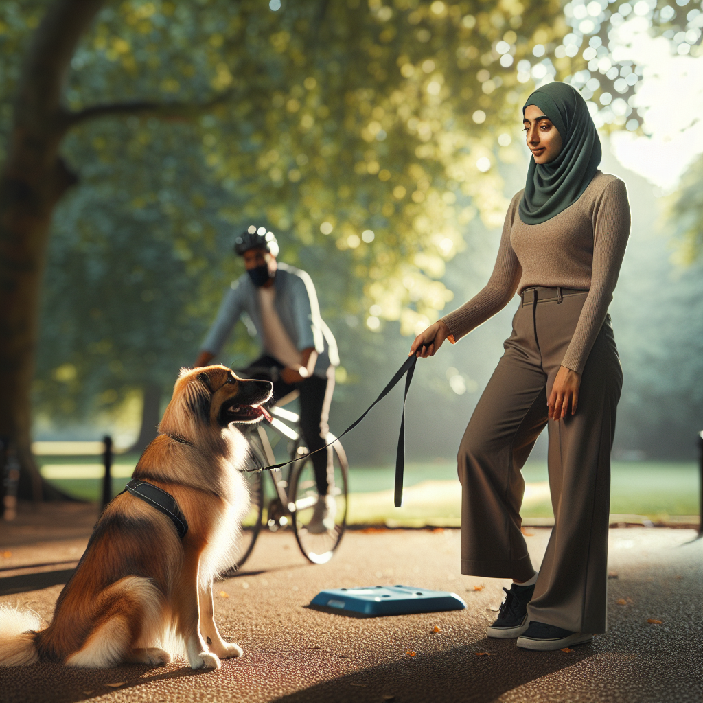 Trainer guiding a calm sit as a cyclist passes in a UK park to build quiet responses to triggers
