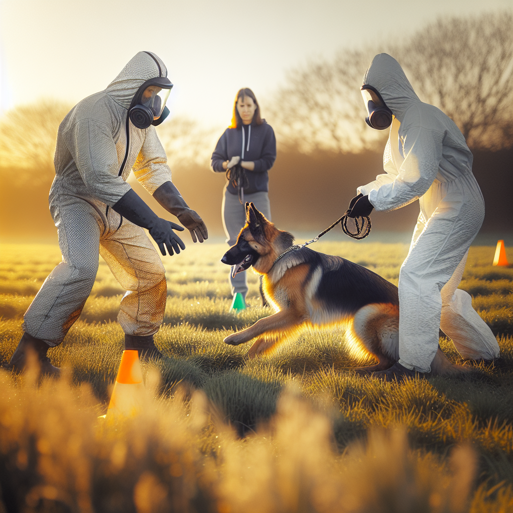 Two helpers coordinate a calm handoff of a focused German Shepherd during IGP club training