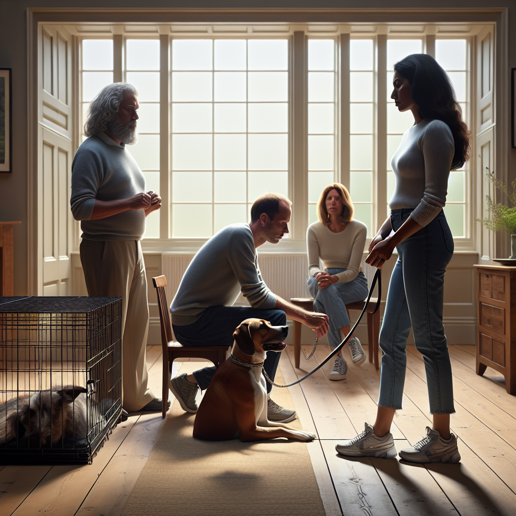 Trainer coaching a dog to exit an open crate calmly while a UK family observes