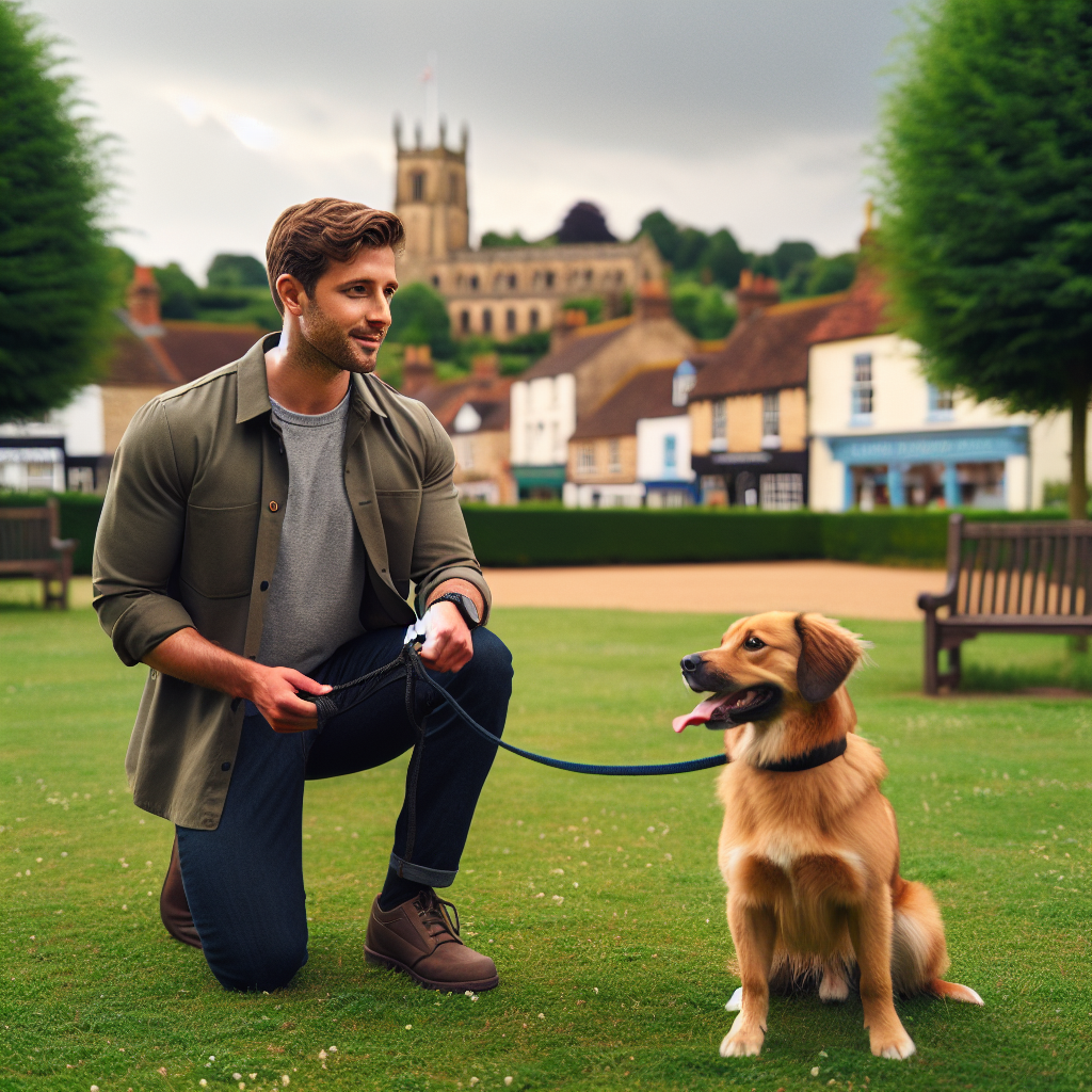 Trainer practising loose lead walking and recall with a mixed-breed dog in a Bishop’s Stortford park
