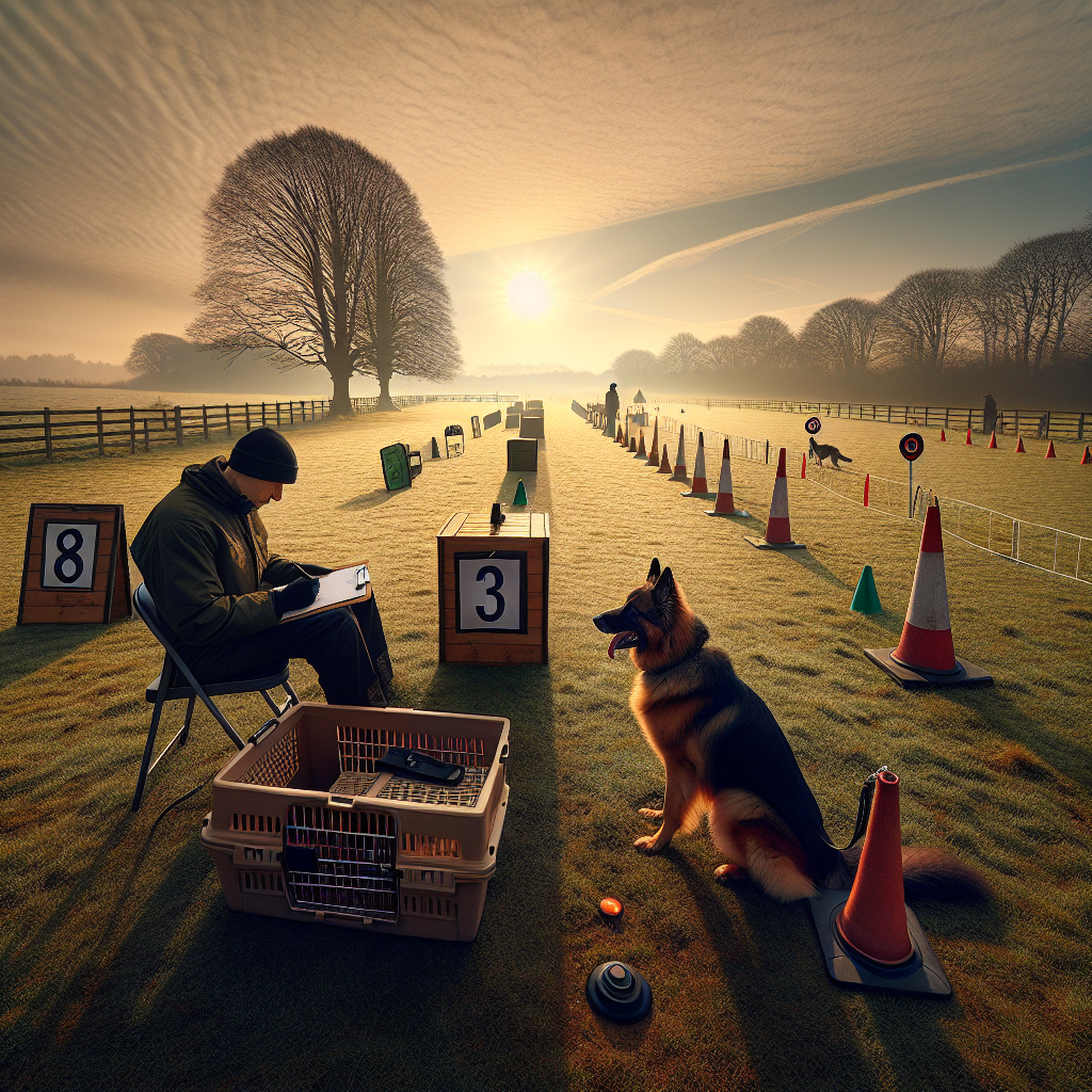 Trainer mapping an IGP trial site walkthrough with a German Shepherd near the ring entrance
