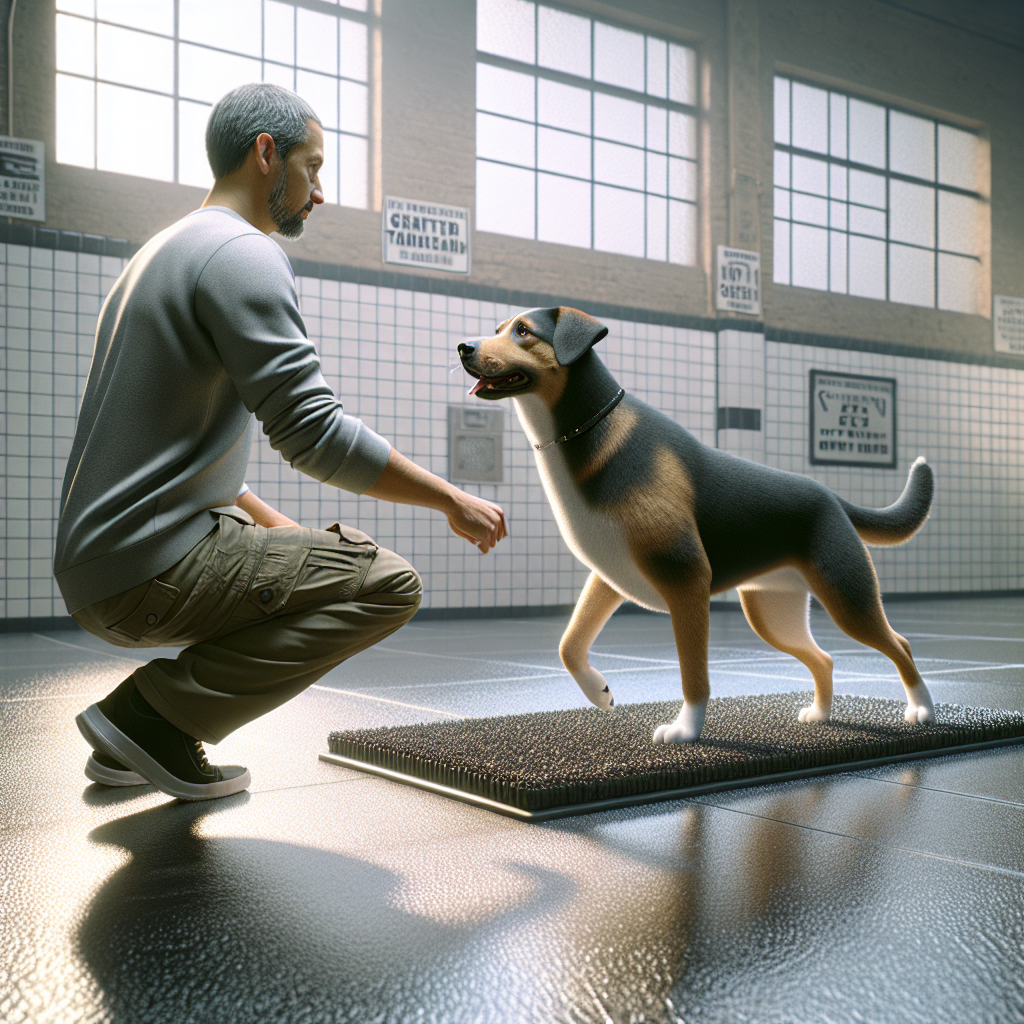 Trainer guiding a calm dog from a mat onto shiny tiles with metal grate nearby