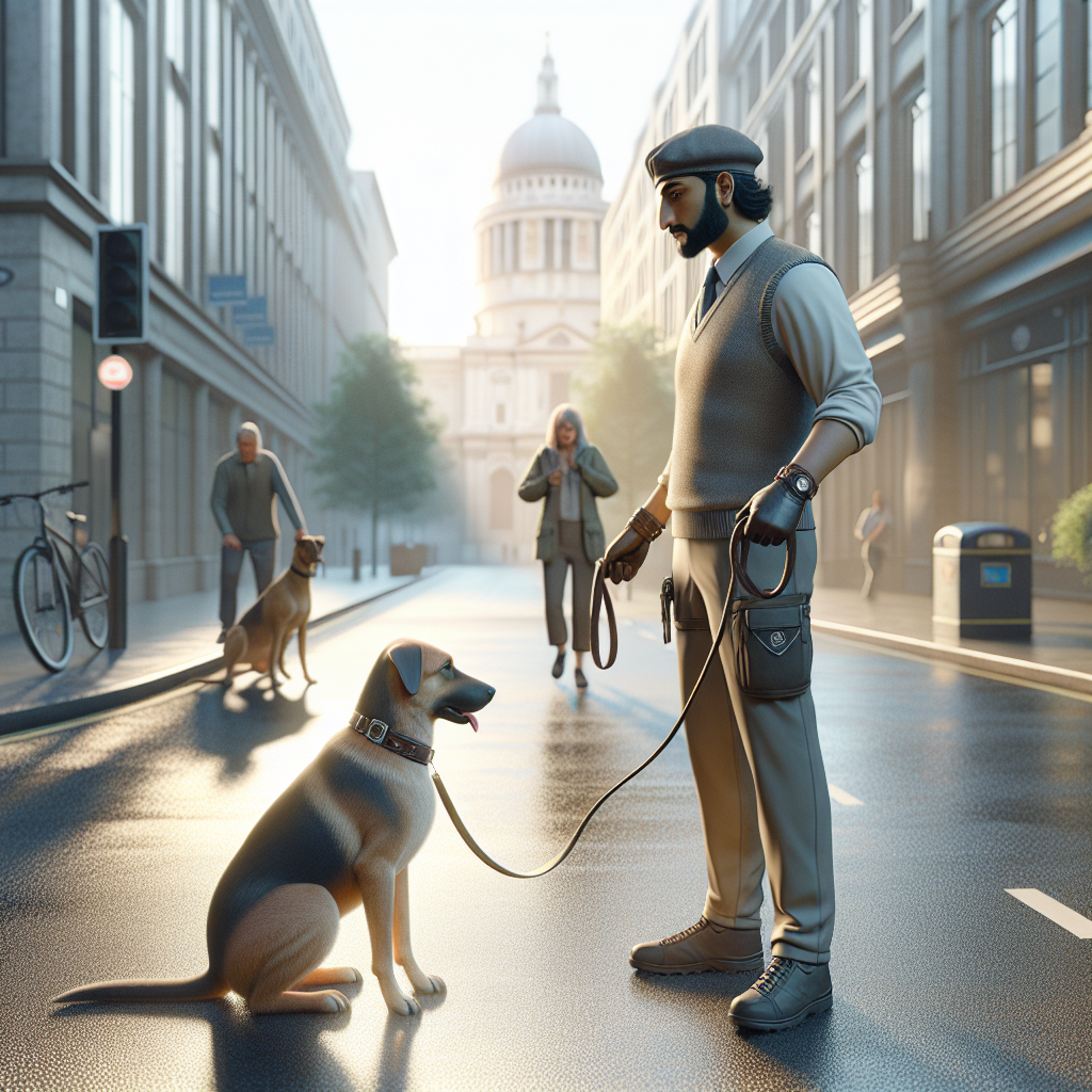 UK trainer guiding a mixed-breed dog to sit calmly as people pass on a quiet street