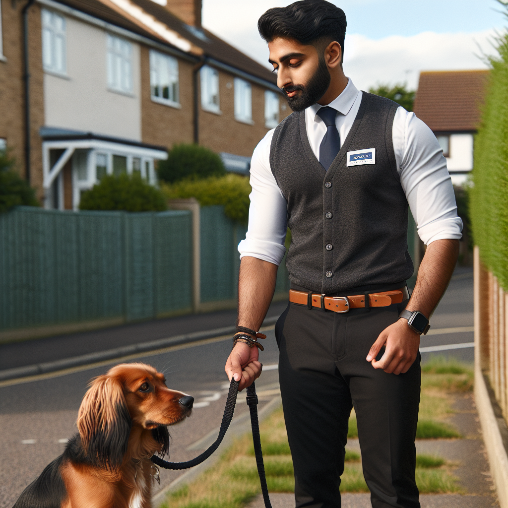 Trainer feeding a focused spaniel mix at heel using precise reward placement on a quiet UK street