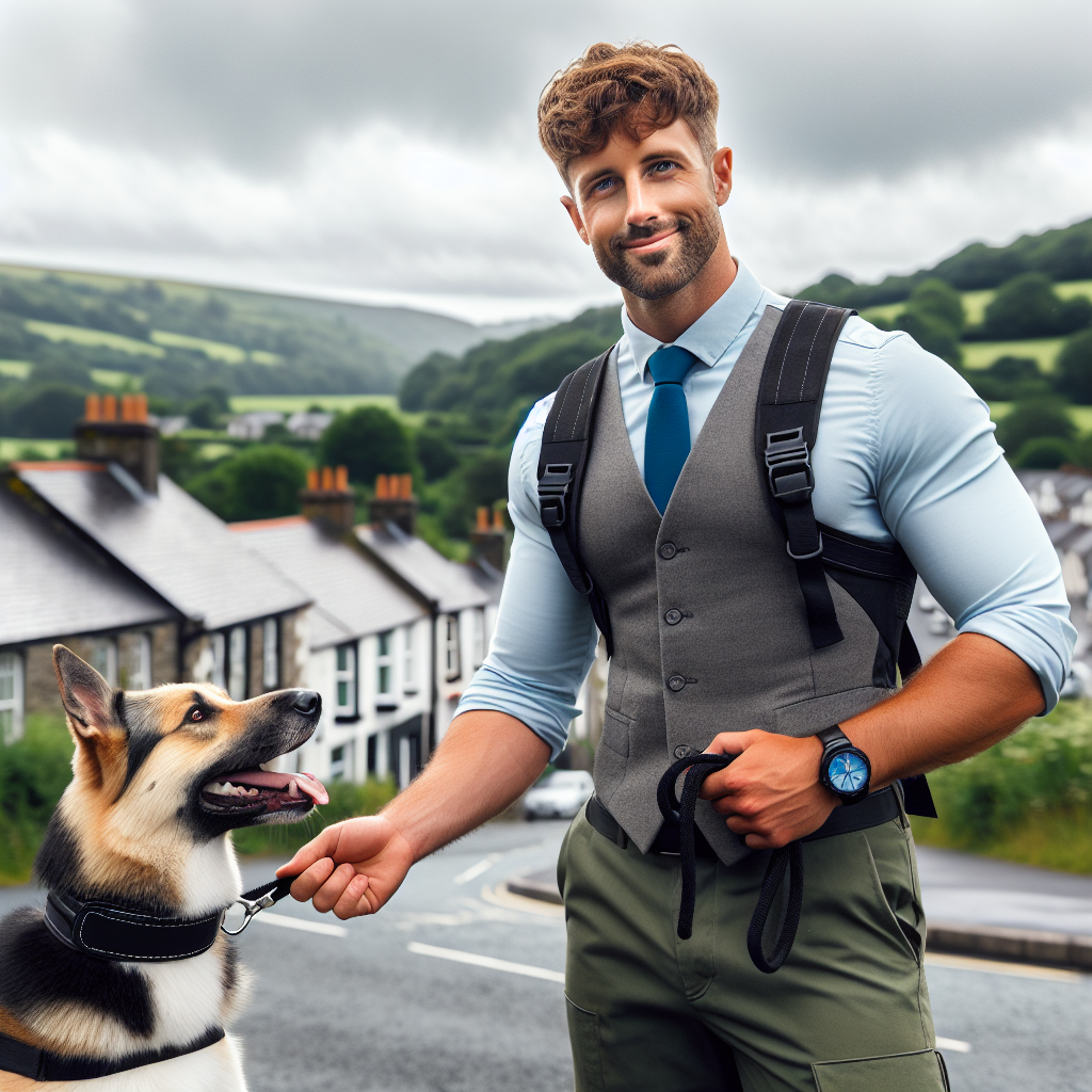 Trainer guiding a mixed breed dog on heel and recall in a green Welsh town park