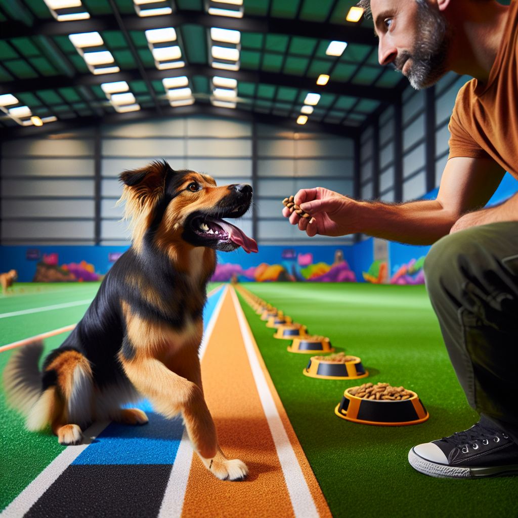 Trainer guiding a working dog through heeling on grass, rubber, and concrete in a UK sports hall