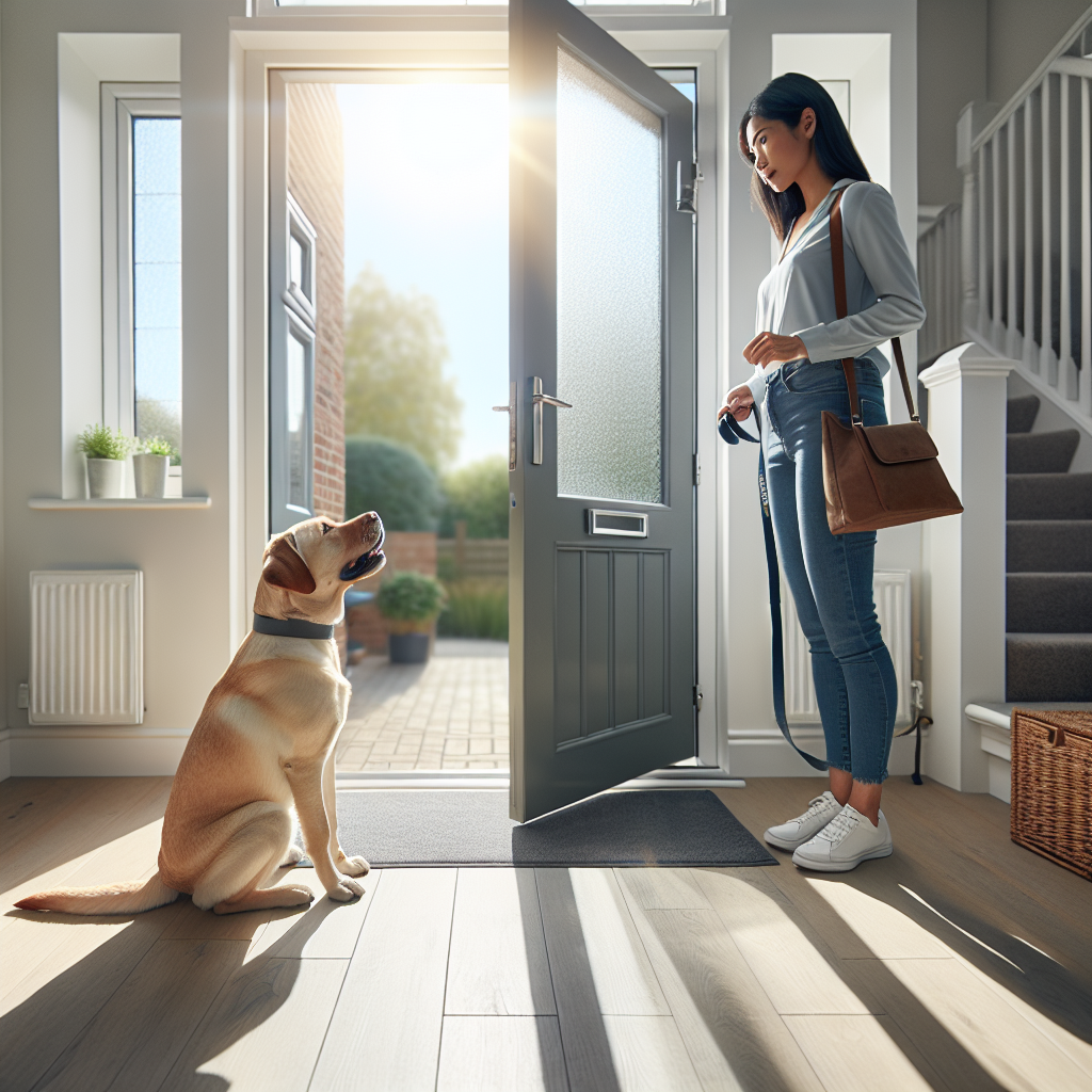 UK trainer teaching a Labrador to wait at an open doorway for a release cue