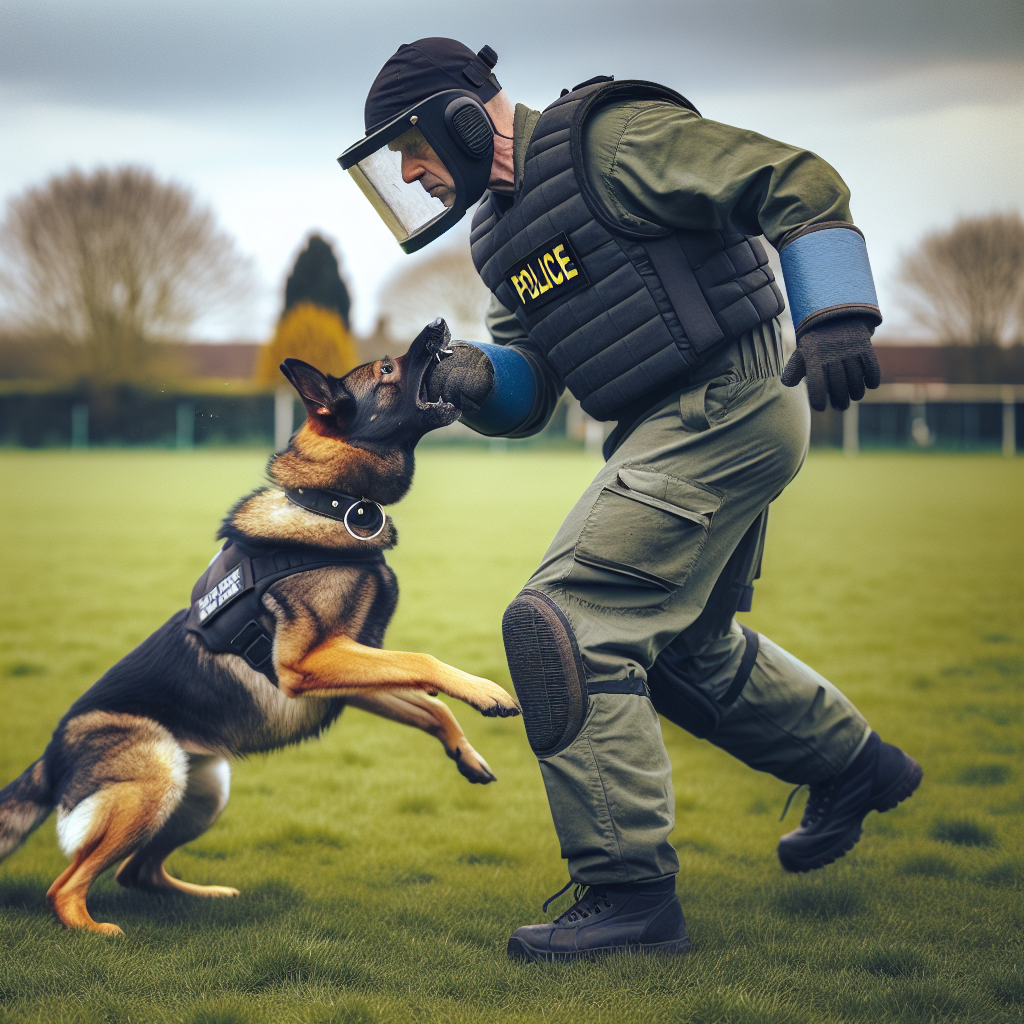 Helper presenting a precise bite window to a focused working dog during a safe training catch in a UK field