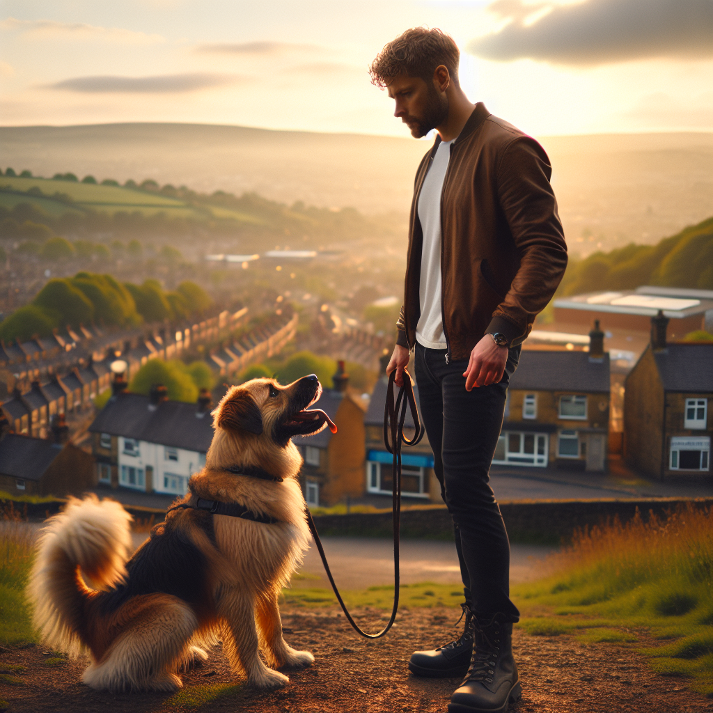 Trainer practicing loose-lead walking with an attentive mixed-breed dog near Oldham