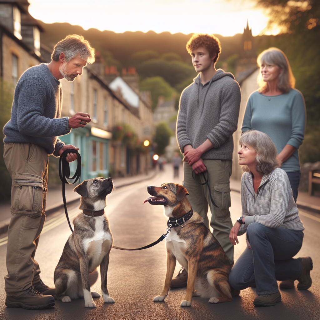 Smart trainer coaching a family and their dog on a leafy Frome path with calm loose lead walking