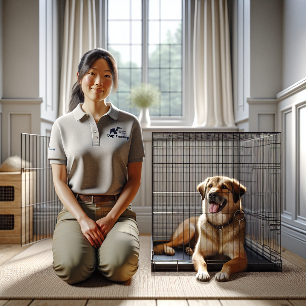 UK dog calmly waiting in an open crate as a trainer guides patient release in a bright home