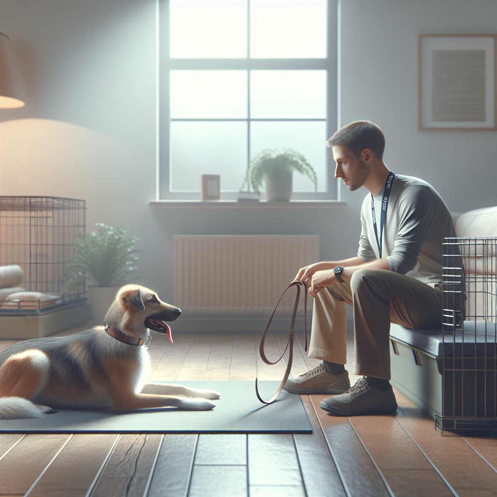 UK dog trainer guiding a dog on a settle mat beside an open crate during a calm decompression routine at home