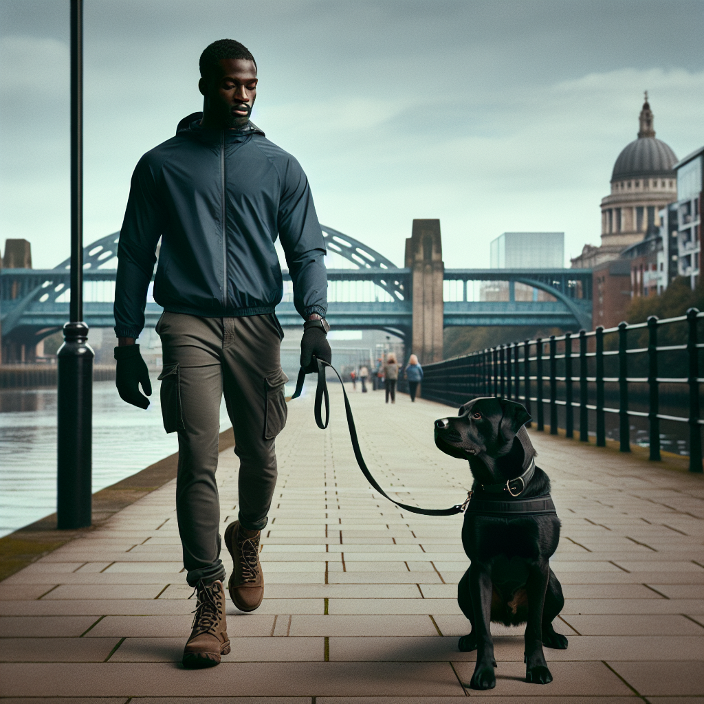 Smart trainer practising heelwork with a dog on a riverside path in Newcastle