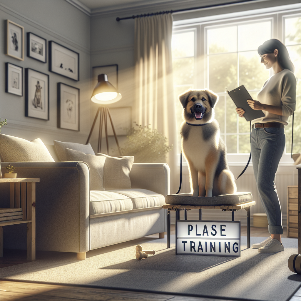 Trainer guiding a family as their dog relaxes on a bed during a routine change at home
