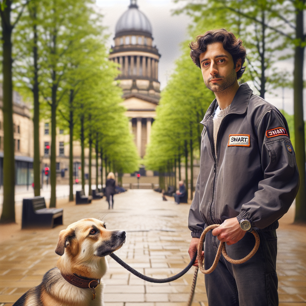 Trainer practising loose lead walking and engagement with a mixed breed dog in a leafy UK city park