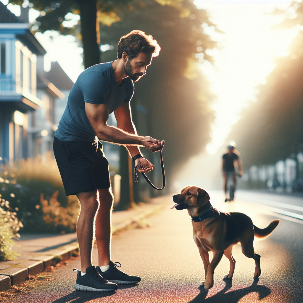 UK trainer rewarding a loose-lead position as a cyclist passes at a distance on a quiet street