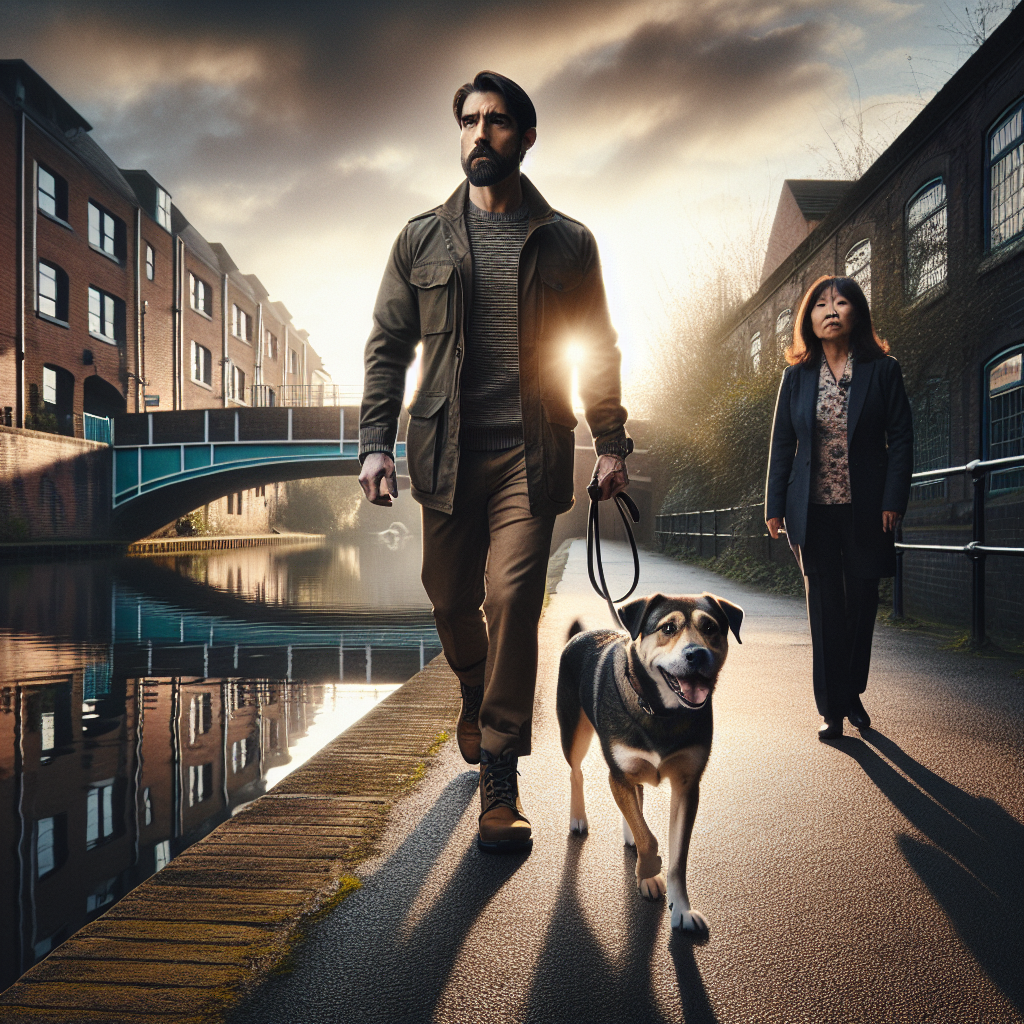 Trainer coaching a mixed-breed dog on loose lead walking along a canal in Stoke-on-Trent
