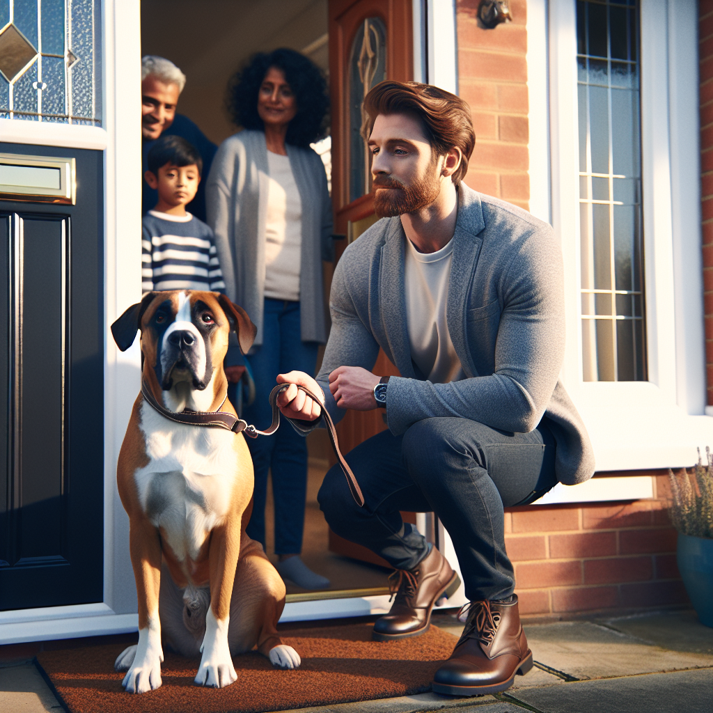 UK trainer guiding a dog to sit calmly at a doorway before release, family watching