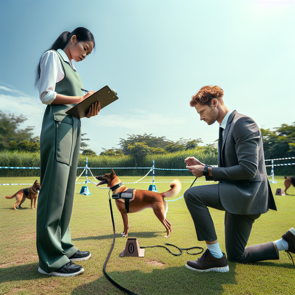 Trainer and working dog running a mock trial with ring ropes and steward on a UK field