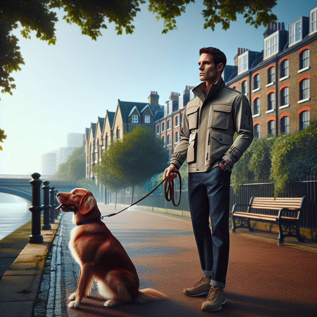 Smart trainer practising loose lead walking with a mixed breed dog on a leafy West London riverside path