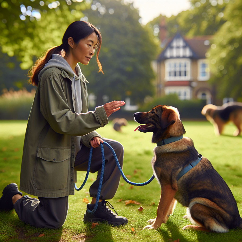 UK trainer using a long line to rebuild recall with clear markers while a mixed breed dog runs in for a reward