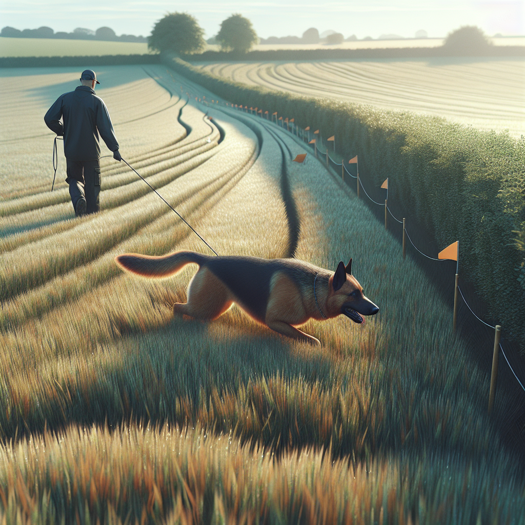 Smart trainer guiding a German Shepherd into a scent cone on a UK field with crosswind