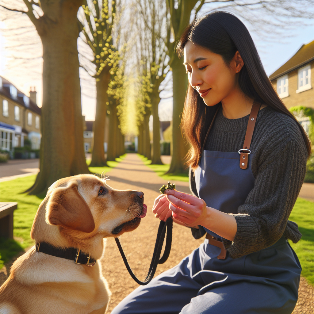Smart trainer coaching loose lead walking with a Labrador mix on a tree lined path in Letchworth Garden City