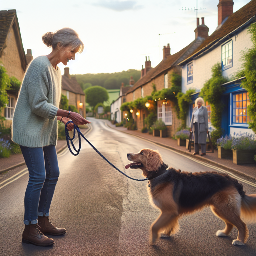 Trainer practising loose lead walking and recall with a dog on a quiet village street near Market Bosworth